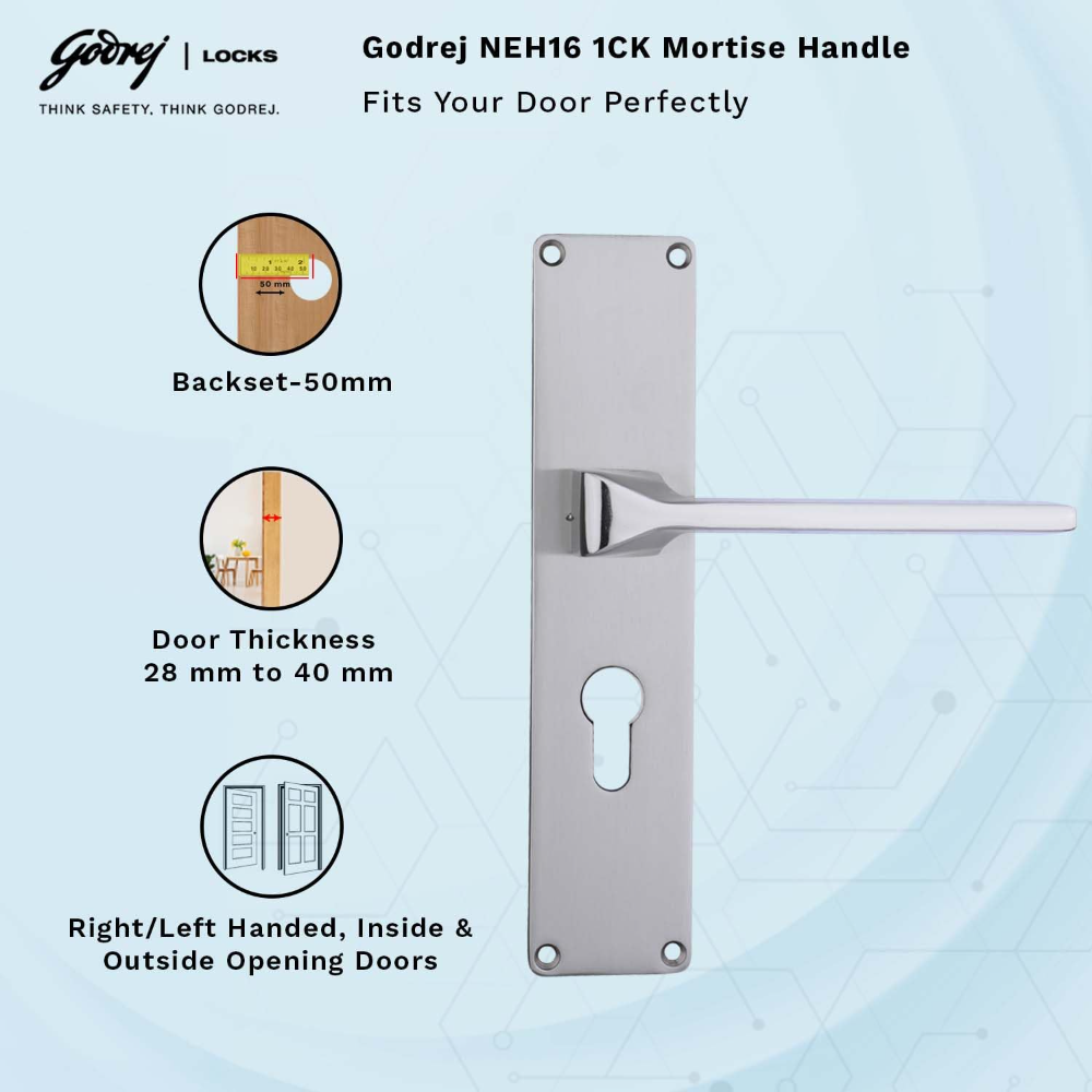 Godrej Mortise Door Lock Handle Set | 200mm NEH-16 1CK Europrofile | 5 Pin Brass Tumbler Mechanism 60mm | Suitable for Left & Right Handed Doors | Satin Steel Finish| Silver | 5 Years Warranty